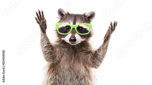 Cute raccoon with green glasses on white background