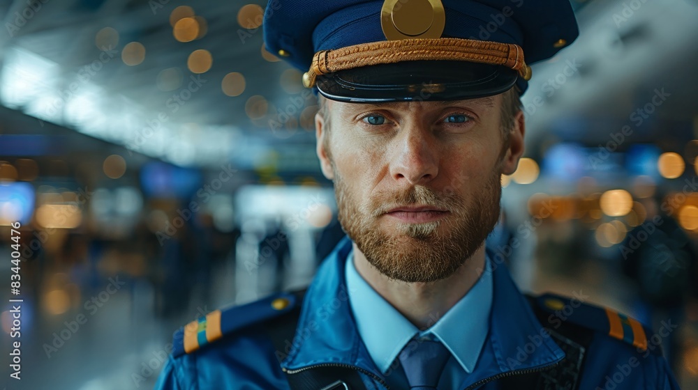 High-definition close-up of a pilot in blue attire, highlighting their focused expression, with a busy airport in the background High-definition close-up of a pilot in blue attire, highlighting their focused expression, with a busy airport in the background
