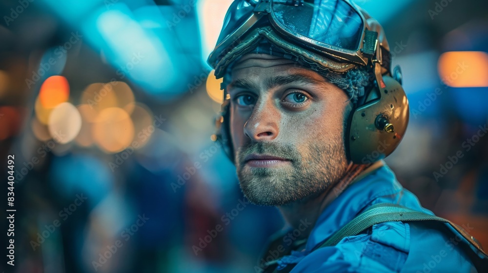 High-definition close-up of a pilot in blue attire, highlighting their focused expression, with a busy airport in the background High-definition close-up of a pilot in blue attire, highlighting their focused expression, with a busy airport in the background