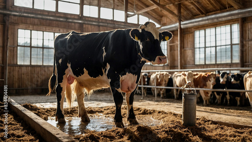Cow's Milk Production/ Start with a close-up of cows in a barn, focusing on their healthy