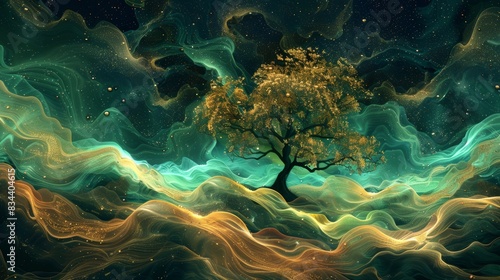 Digital 3D mural depicting a deep green and purple night, featuring luxurious gold wave patterns and a towering golden tree with radiant leaves