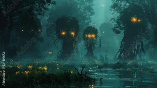 Enigmatic sentient plants with tentacles and glowing eyes in a wetland landscape on a dark planet  enveloped in mist and low light