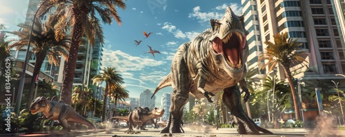 Dinosaurs on the Loose in Modern Metropolis: A Visual Spectacle photo