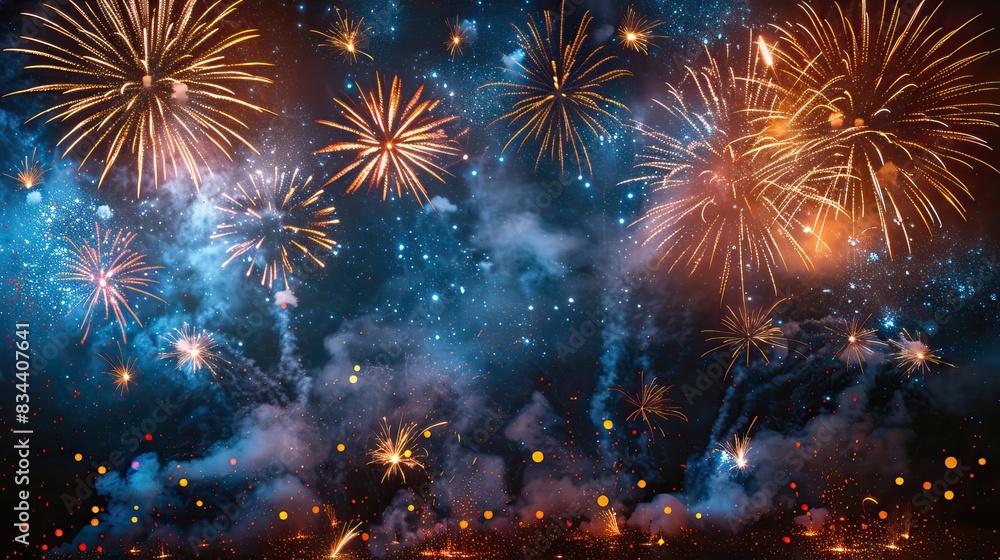 Fototapeta premium A vibrant blue background with fireworks and stars, leaving room for messages. - Event decoration background