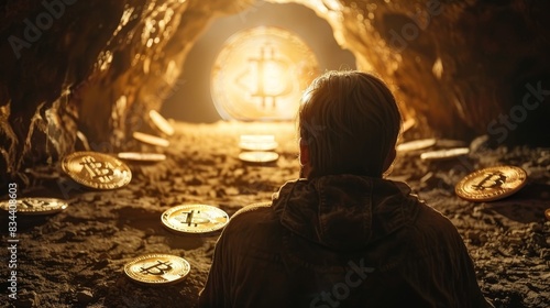 Inside a cave, a man gazes at piles of gold and a prominent silver bitcoin coin, representing financial turmoil photo