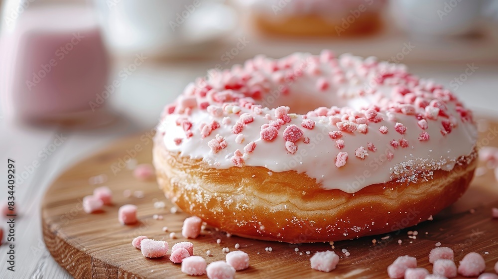 Mouth-watering donut with icing, captured up close with a blurred background, leaving room for promotional text Mouth-watering donut with icing, captured up close with a blurred background, leaving room for promotional text