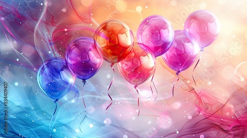 A bright and cheerful background with metallic balloons and ribbons. - Event decoration background