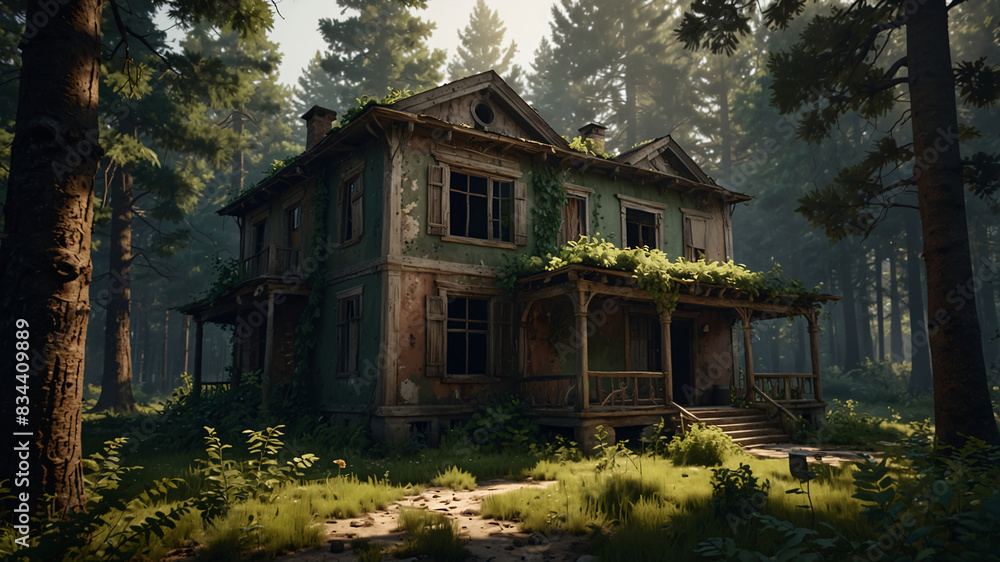 A house in the woods with a porch and a chimney A house in the woods with a porch and a chimney