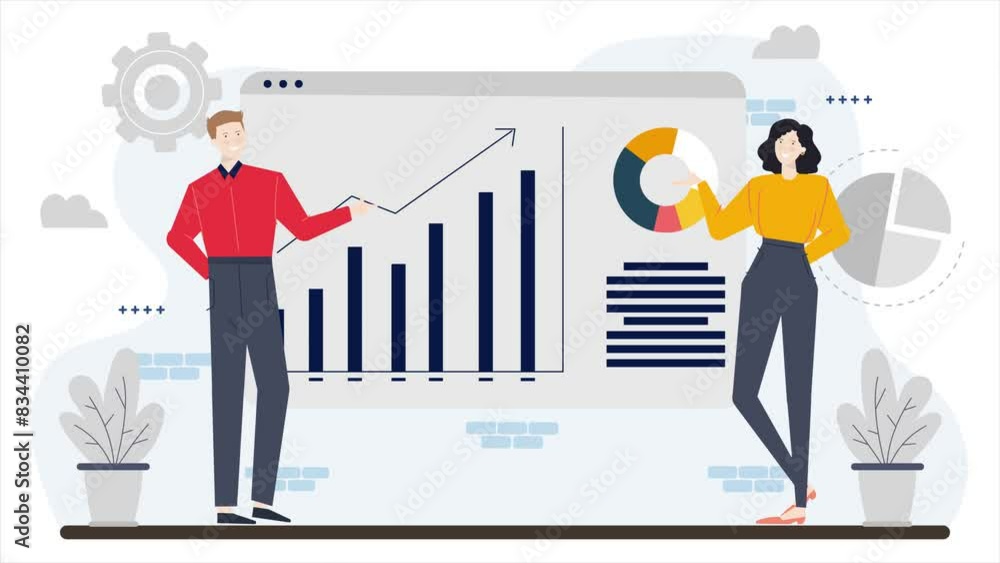 a man and woman presenting statistic data and investment. business animation video a man and woman presenting statistic data and investment. business animation video