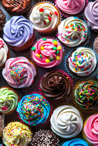 An assortment of decorated cupcakes, tightly packed to fill the entire frame. Each cupcake is topped with different colorful icing and sprinkles, showcasing a range of colors and designs