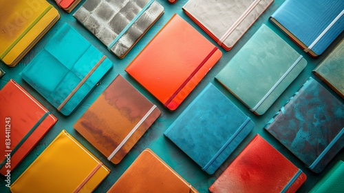 Top view of an array of notebooks and bookmarks, designed for advertisement space, isolated clean background, studio lighting