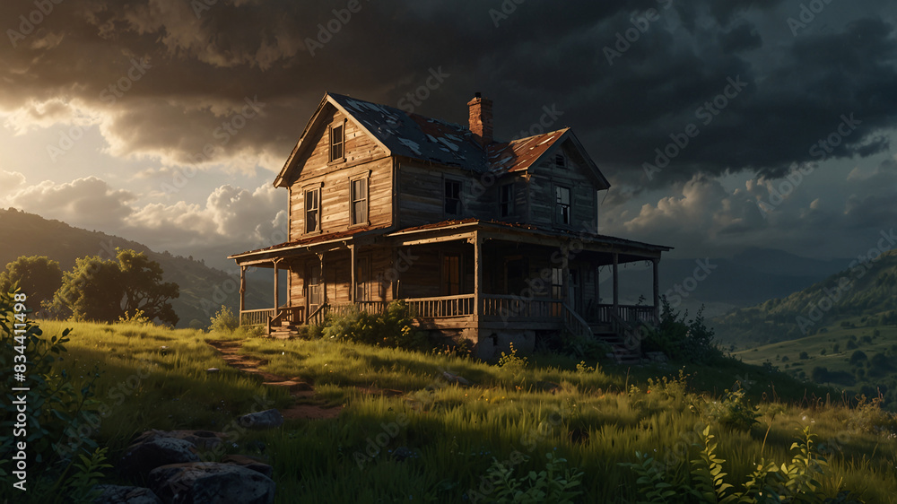 A house with a porch and a chimney sits on a hill A house with a porch and a chimney sits on a hill