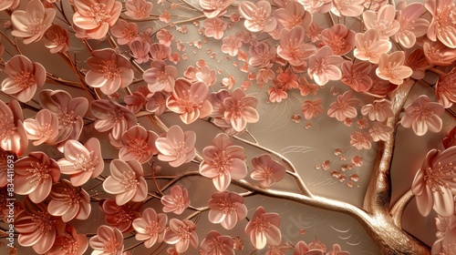 Royal rose gold tree  3D abstraction  with branches covered in delicate hanging flowers and intricate leaves illustration