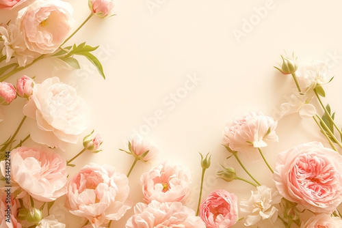Delicate pink and white spring flowers flat lay background with soft natural lighting