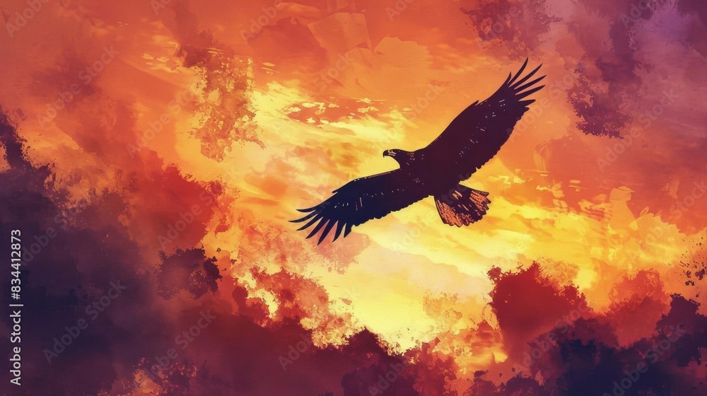 custom made wallpaper toronto digitalSilhouette of an eagle soaring through a vibrant sunset sky, highlighting freedom and the beauty of nature.