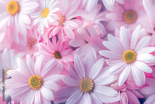 Delicate pink chrysanthemum blooms burst with floral beauty, a soft pastel masterpiece in nature's garden