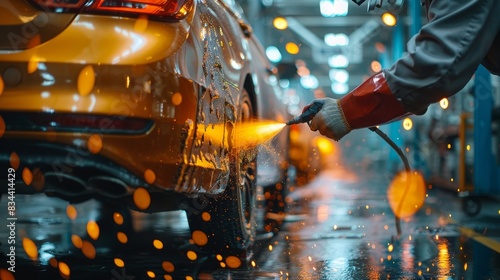 Worker using a paint spray gun to apply a smooth coat on a car in a professional auto body shop, paint particles suspended in the air photo