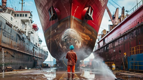 Worker with a paint spray gun painting a large ship in a shipyard, emphasizing the scale and precision required in the task photo