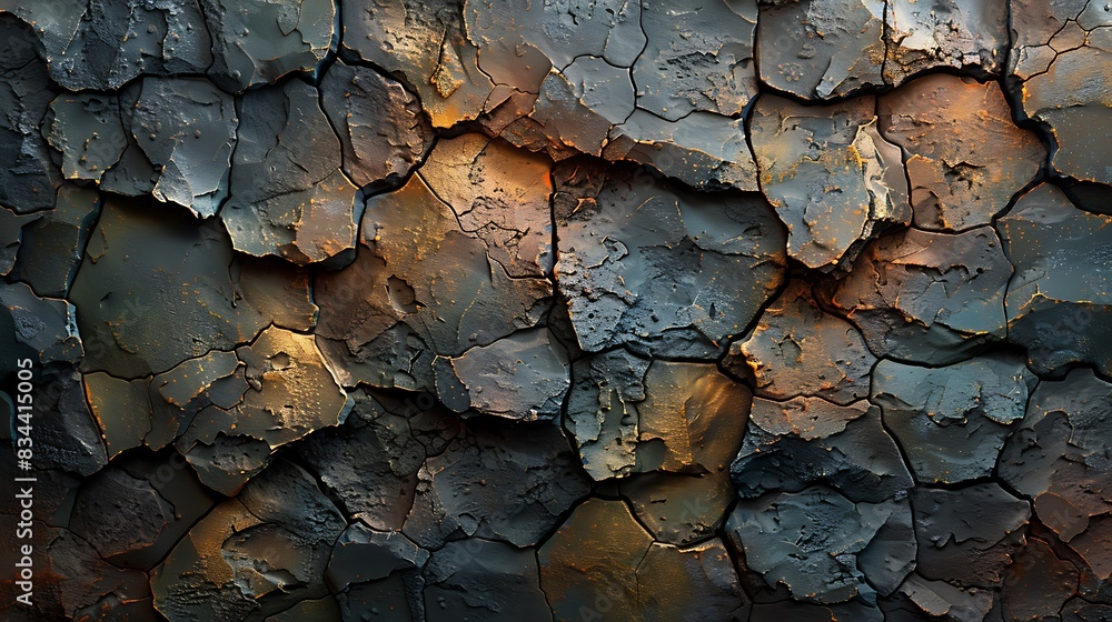 An abstract depiction of desert rocks, showcasing deep cracks and crevices from temperature changes, stark and dramatic texture, rich earthy hues, high contrast, hd quality. An abstract depiction of desert rocks, showcasing deep cracks and crevices from temperature changes, stark and dramatic texture, rich earthy hues, high contrast, hd quality.