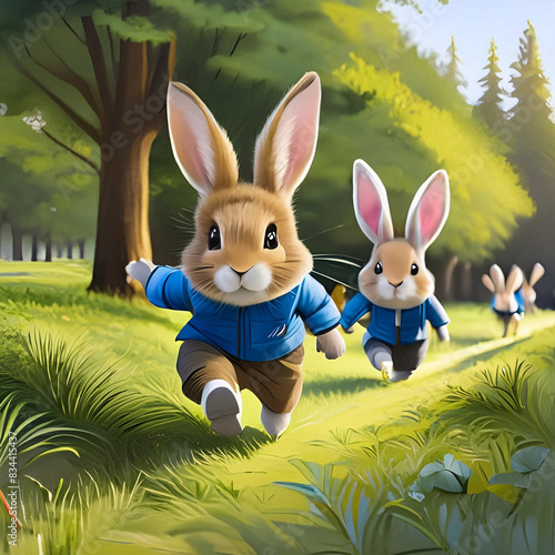 풀밭에서 뛰어노는 귀여운 아기 토끼들