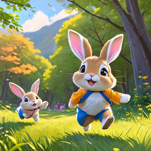 풀밭에서 뛰어노는 귀여운 아기 토끼들