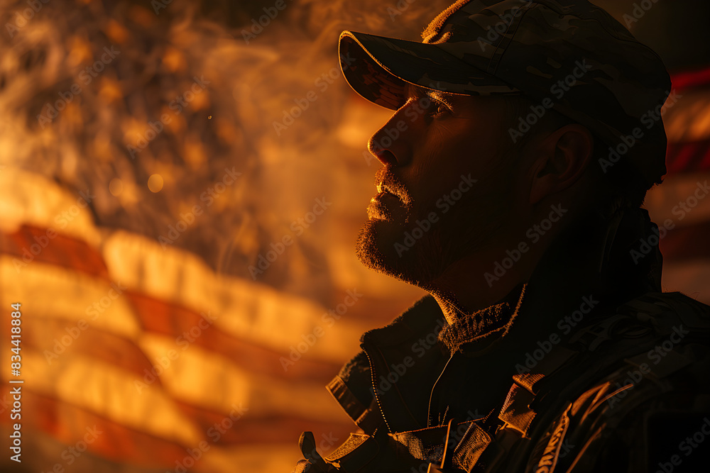 An American hero patriot stands in front of a blowing USA flag, representing bravery and pride. Suitable for patriotism, national holidays, and American culture.