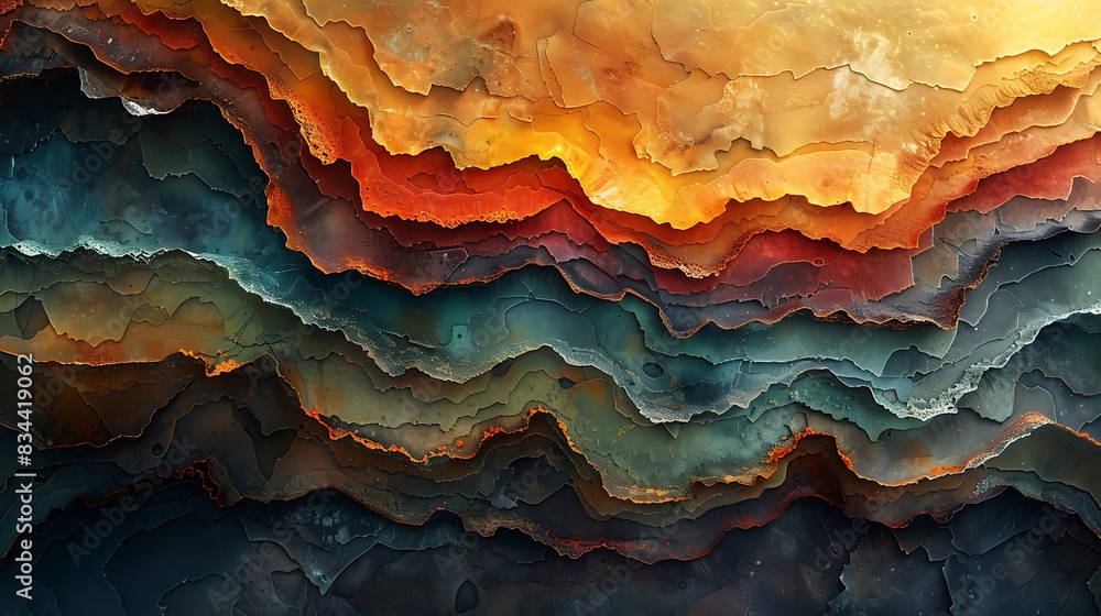 An abstract portrayal of sedimentary layers, showcasing stratified colors and intricate patterns, rich earthy hues, detailed textures formed over centuries, high contrast, hd quality. An abstract portrayal of sedimentary layers, showcasing stratified colors and intricate patterns, rich earthy hues, detailed textures formed over centuries, high contrast, hd quality.