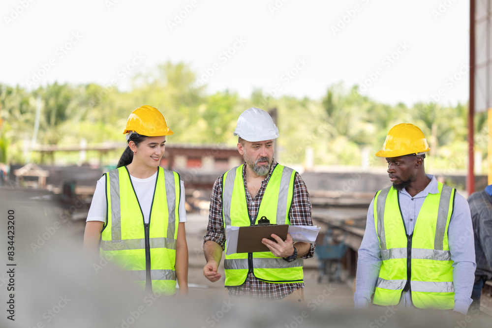 Engineer and foreman worker team checking project at precast concrete factory site, Engineer and builders in hardhats discussing on construction site Engineer and foreman worker team checking project at precast concrete factory site, Engineer and builders in hardhats discussing on construction site