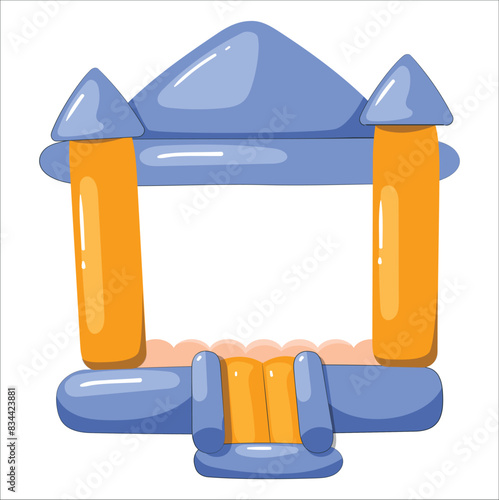 Inflatable bouncy castle for jumping on children birthday party. Inflatable colorful castes for kids vector illustrations set. Cartoon drawings of inflated bouncy trampolines with slides, playground.
 photo