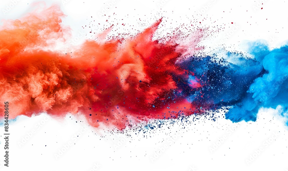 Dynamic Explosion of Vibrant Red and Blue Powder Colors on a White Background, Capturing the Energy and Movement of Colorful Dust in a High-Speed Photography Shot Dynamic Explosion of Vibrant Red and Blue Powder Colors on a White Background, Capturing the Energy and Movement of Colorful Dust in a High-Speed Photography Shot