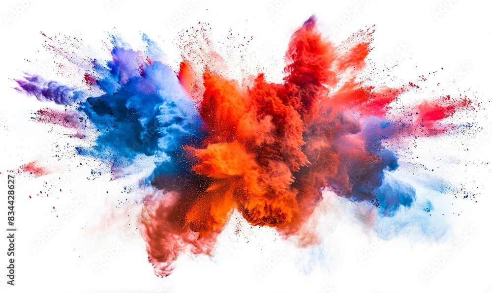 Dynamic Explosion of Vibrant Red and Blue Powder Colors on a White Background, Capturing the Energy and Movement of Colorful Dust in a High-Speed Photography Shot Dynamic Explosion of Vibrant Red and Blue Powder Colors on a White Background, Capturing the Energy and Movement of Colorful Dust in a High-Speed Photography Shot