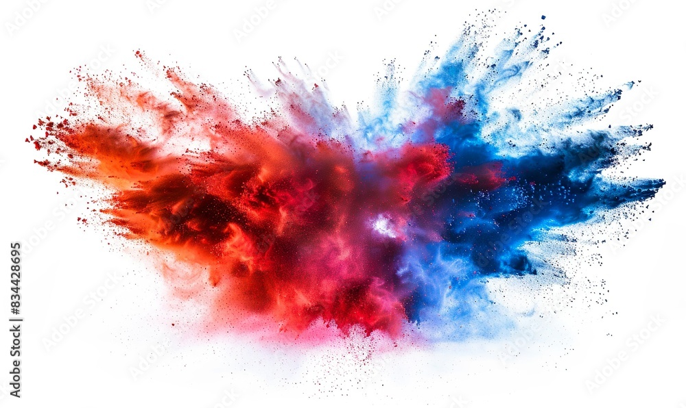 Dynamic Explosion of Vibrant Red and Blue Powder Colors on a White Background, Capturing the Energy and Movement of Colorful Dust in a High-Speed Photography Shot Dynamic Explosion of Vibrant Red and Blue Powder Colors on a White Background, Capturing the Energy and Movement of Colorful Dust in a High-Speed Photography Shot