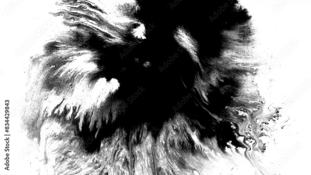 Black ink artistic flow splatter spots spills white paper beautiful reveal dripping streaks spread fluid ink alpha matte isolated watercolor ink drops transition