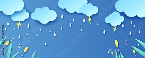 Illustration of rainy season with plants, grass, dragonfly and rain drop. Nature in rainy season. Rainy Season. paper cut and craft style. vector, illustration.