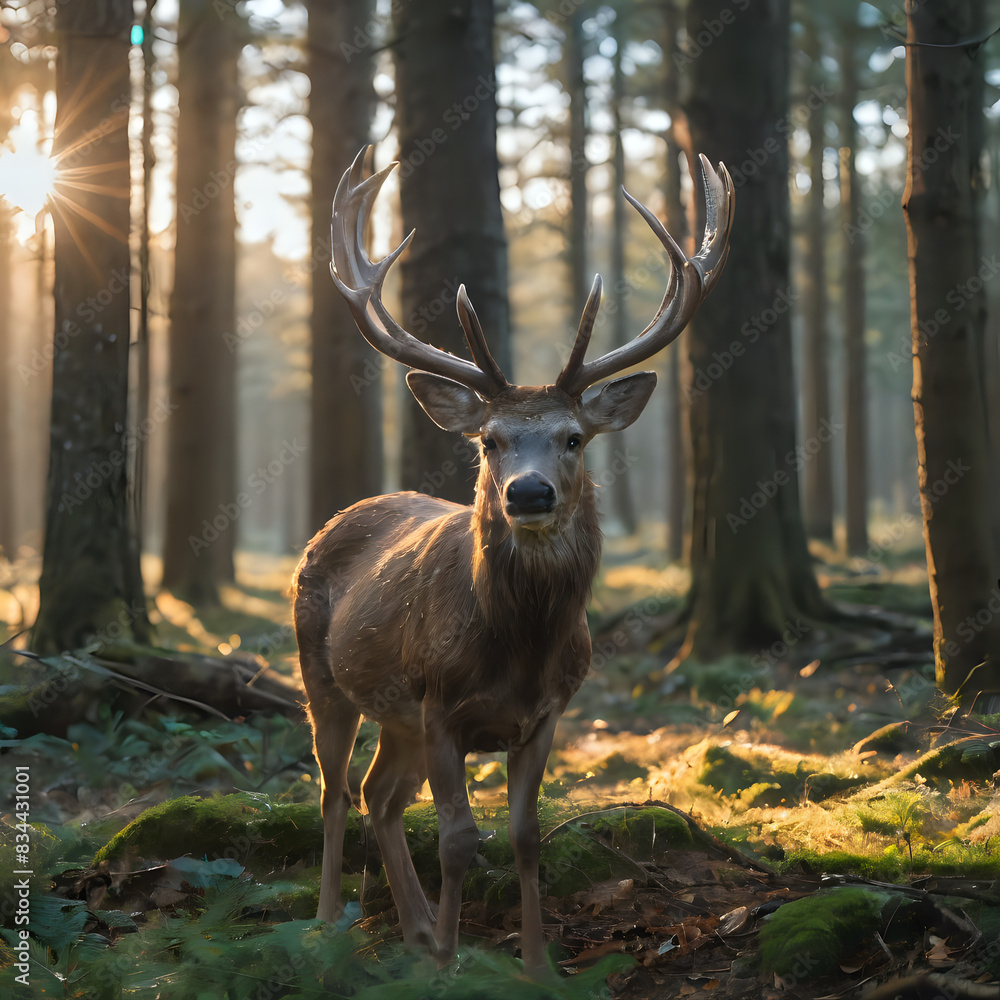 Obraz premium a deer that is standing in the woods with the sun shining