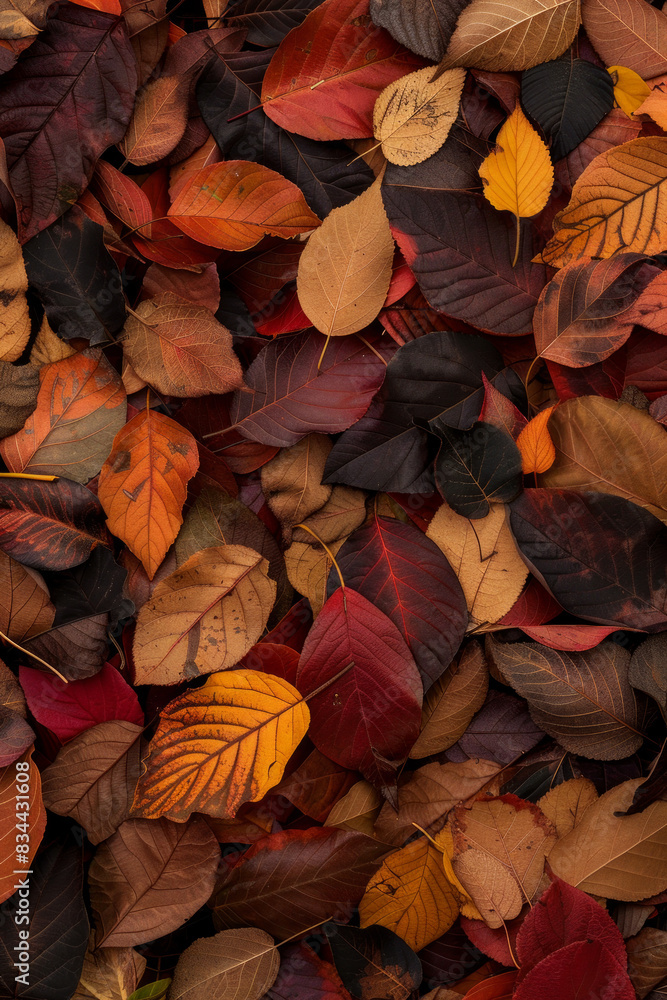 A thick layer of autumn leaves in various stages of color change, filling the entire frame. The leaves exhibit rich hues of red, orange, yellow, and brown. A thick layer of autumn leaves in various stages of color change, filling the entire frame. The leaves exhibit rich hues of red, orange, yellow, and brown.
