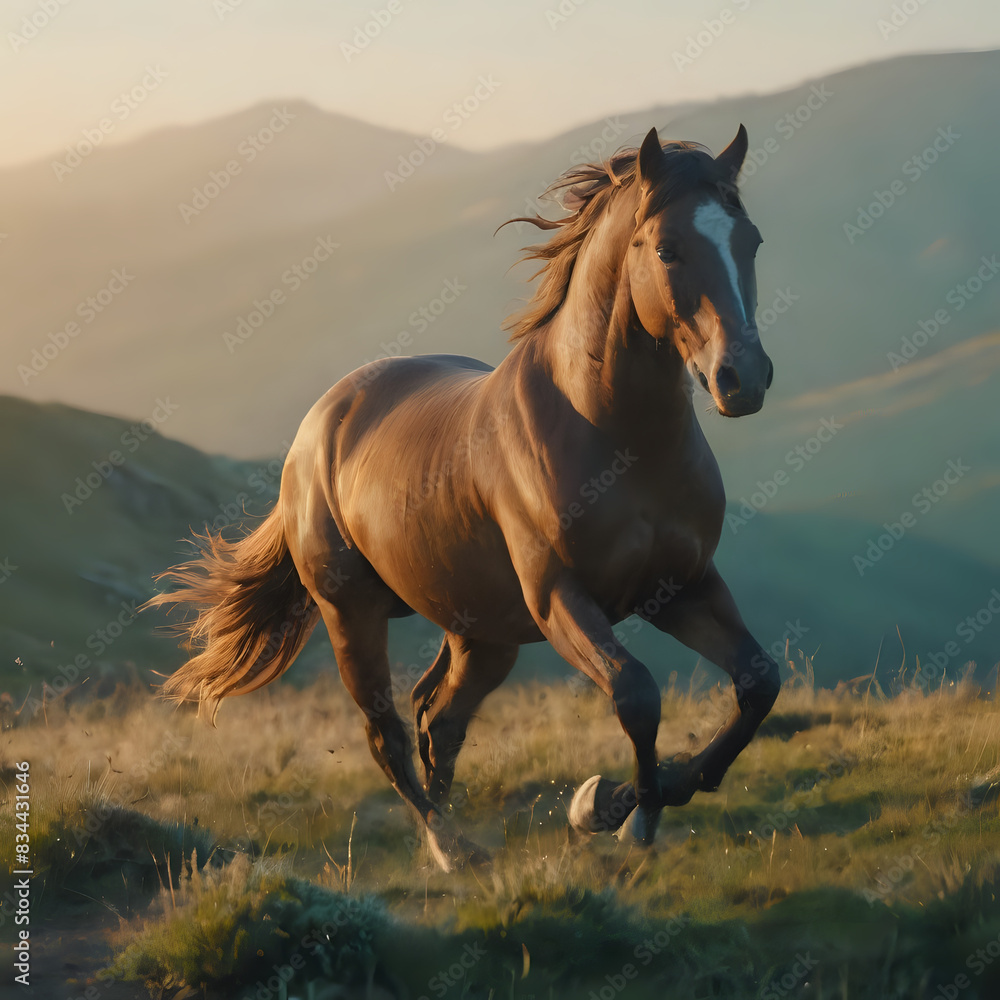 a horse running on the grass in the mountains a horse running on the grass in the mountains