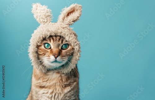 Cute cat wearing bunny costume isolated on blue background photo
