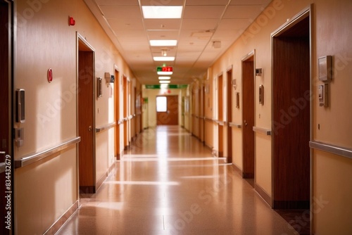 Interior hallway corridor of hospital or clinic, clean and sterile