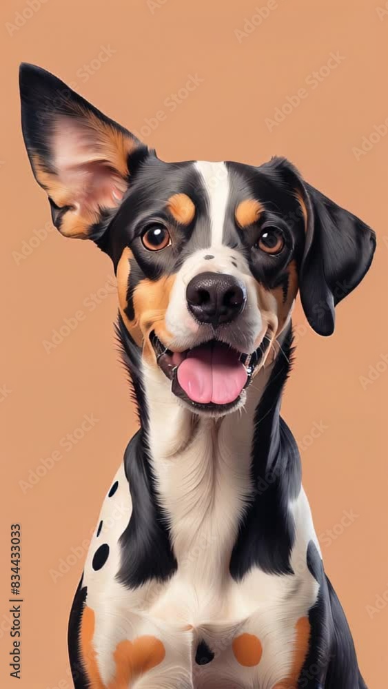 A close-up shot of a happy, spotted dog with one ear perked up A close-up shot of a happy, spotted dog with one ear perked up