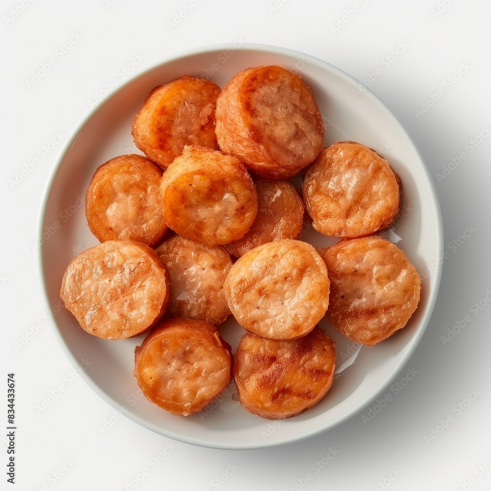 A German currywurst, seen from above in splendid isolation against a white backdrop, captures the essence of the dish A German currywurst, seen from above in splendid isolation against a white backdrop, captures the essence of the dish