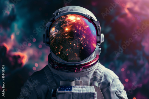 Front view astronaut potrait. Astronaut in space suit with galaxy and nebula reflection in helmet glass