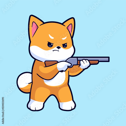 Cute shiba inu dog holding guns cartoon vector icon illustration. Flat style animal cartoon logo mascot