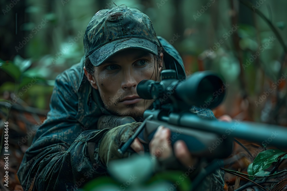 a hunter in action, shooting a hunting gun in a dense woodland setting, camouflage gear, is captured mid-shot with a focused expression a hunter in action, shooting a hunting gun in a dense woodland setting, camouflage gear, is captured mid-shot with a focused expression