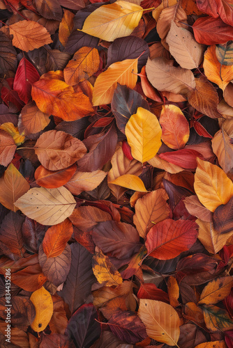 A thick layer of autumn leaves in various stages of color change, filling the entire frame. The leaves exhibit rich hues of red, orange, yellow, and brown.