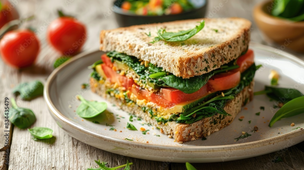 Plate containing a sandwich made with spinach vegetable Plate containing a sandwich made with spinach vegetable