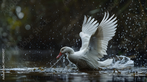 Wallpaper Mural White duck with spread wings in water. Suits nature, wildlife, bird watching, animal conservation, ornithology, and aquatic themes. Torontodigital.ca