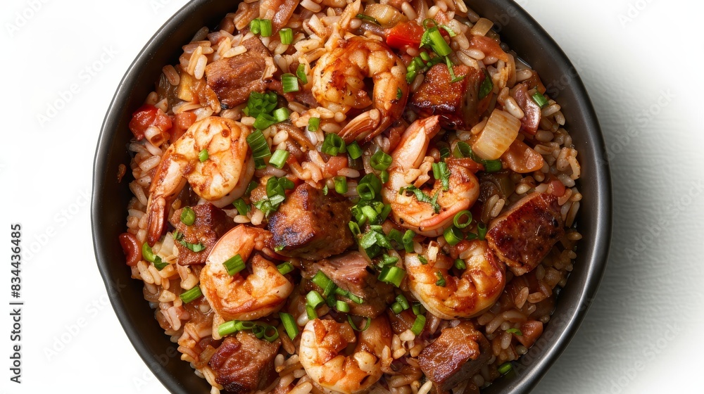 Top view of jambalaya from USA, isolated on white background Top view of jambalaya from USA, isolated on white background