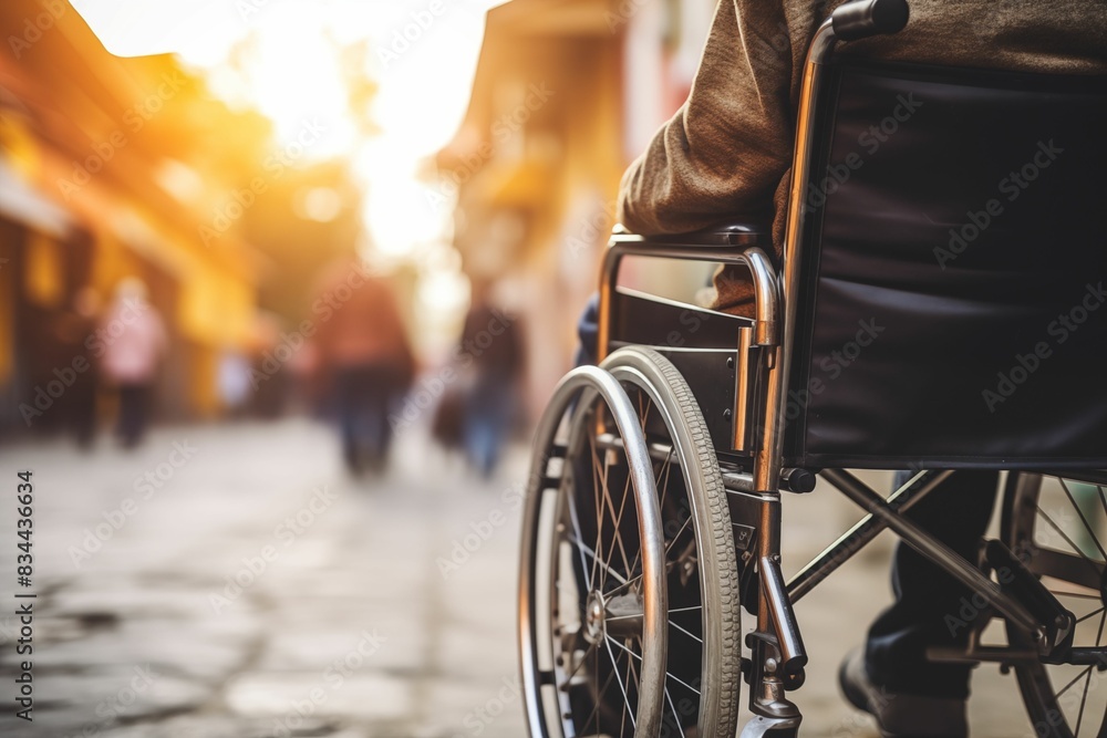 Close up from the back of an old person in wheelchair with blurred background. Generative AI Close up from the back of an old person in wheelchair with blurred background. Generative AI