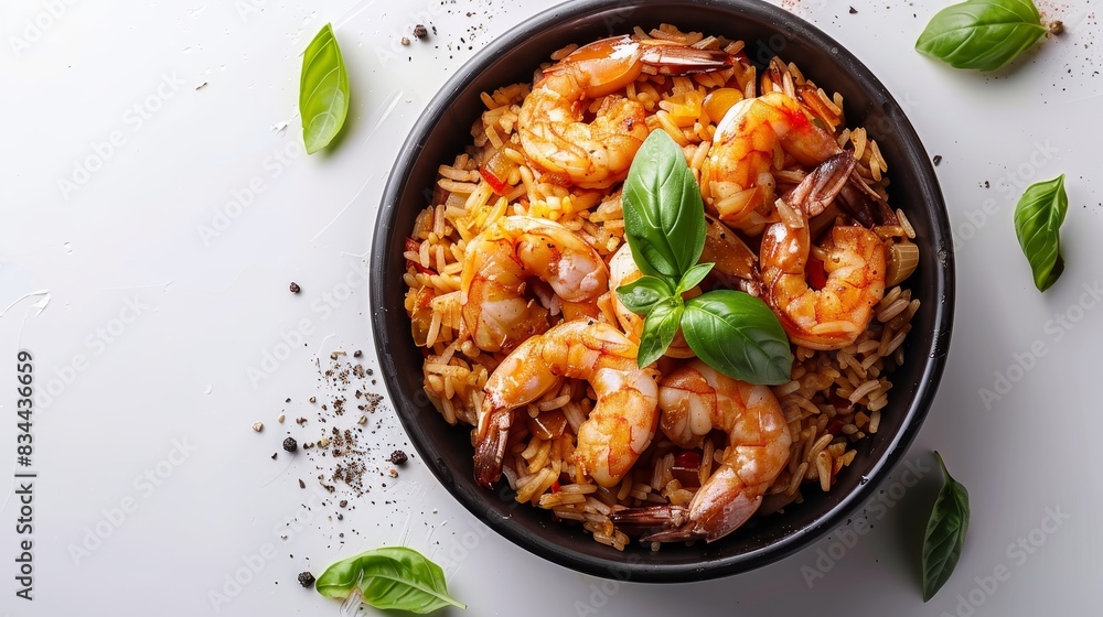 Top view of a delicious jambalaya dish from the USA, set against a white background Top view of a delicious jambalaya dish from the USA, set against a white background